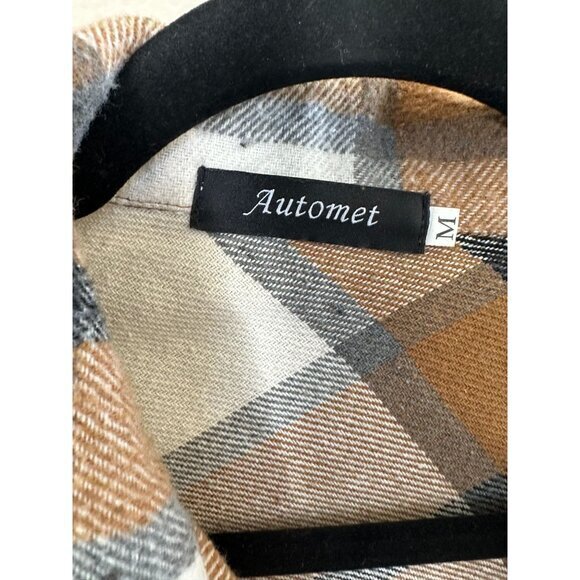 Automet Womens Brown Shacket Medium Plaid collared button up Nylon long sleeve - Picture 5 of 9